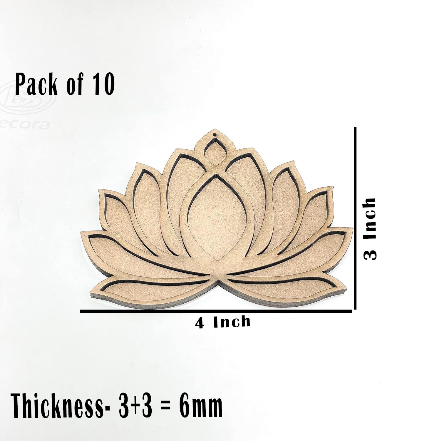 Wooden lotus flower cutout with measurements on a white background