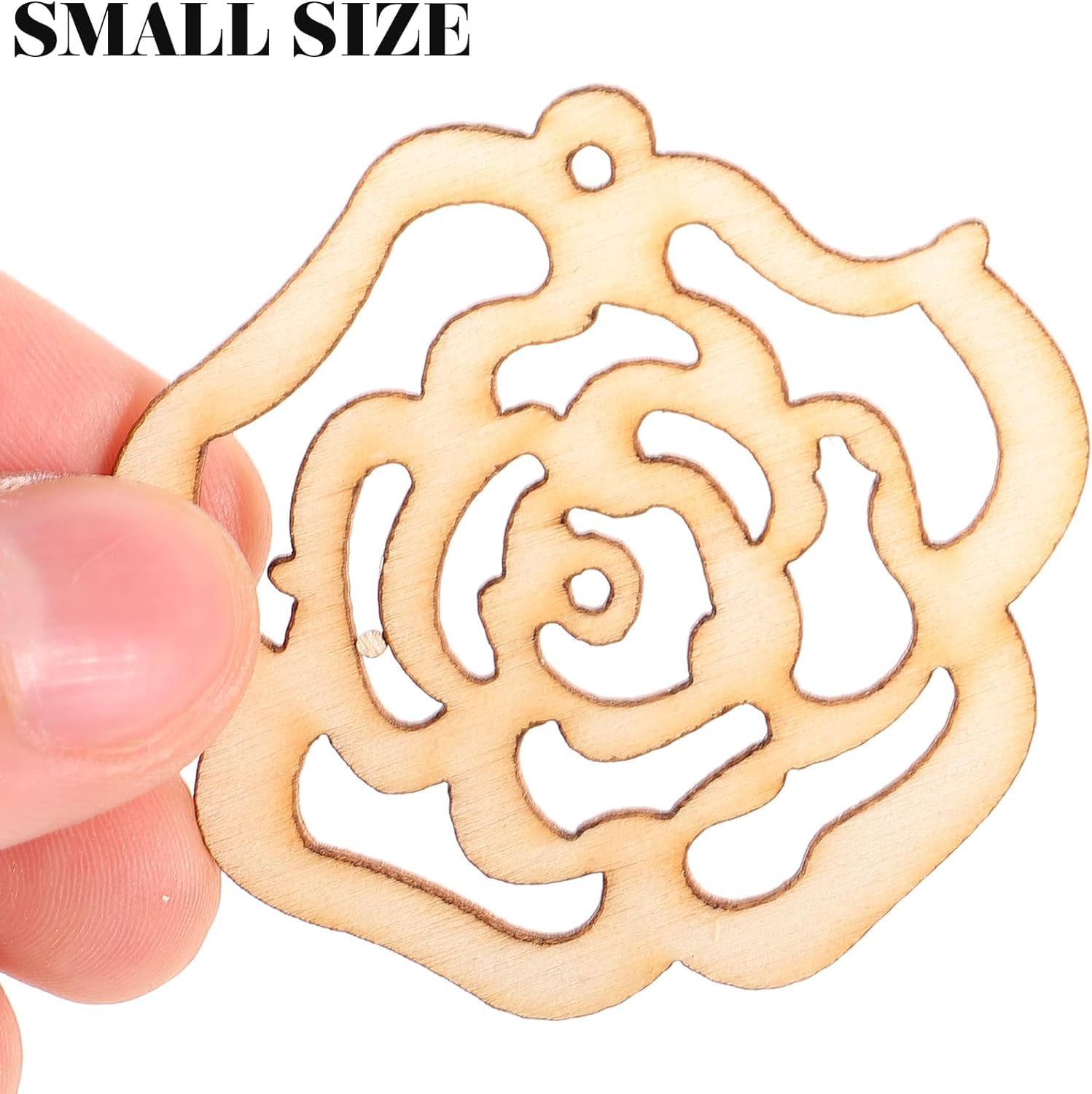 Wooden decorative piece with intricate cut-out design held by a hand, labeled 'Small Size'.