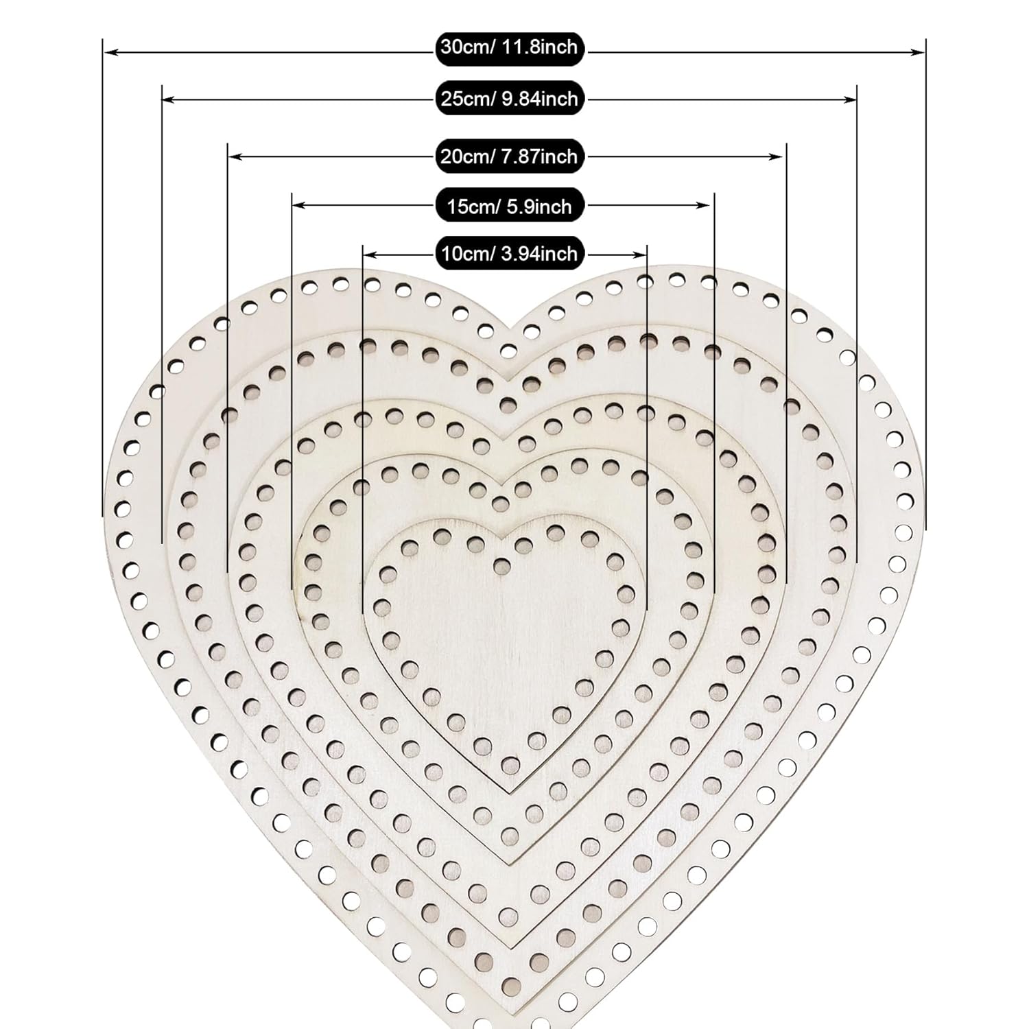 Heart-shaped pegboard with measurements on a white background