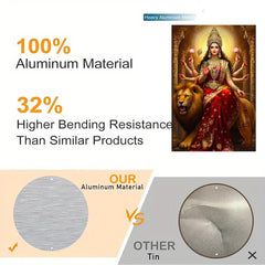 Advertisement comparing aluminum material to other products with a deity and lion illustration.