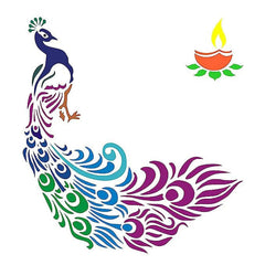 Colorful peacock design with Diwali lamp icon on a white background