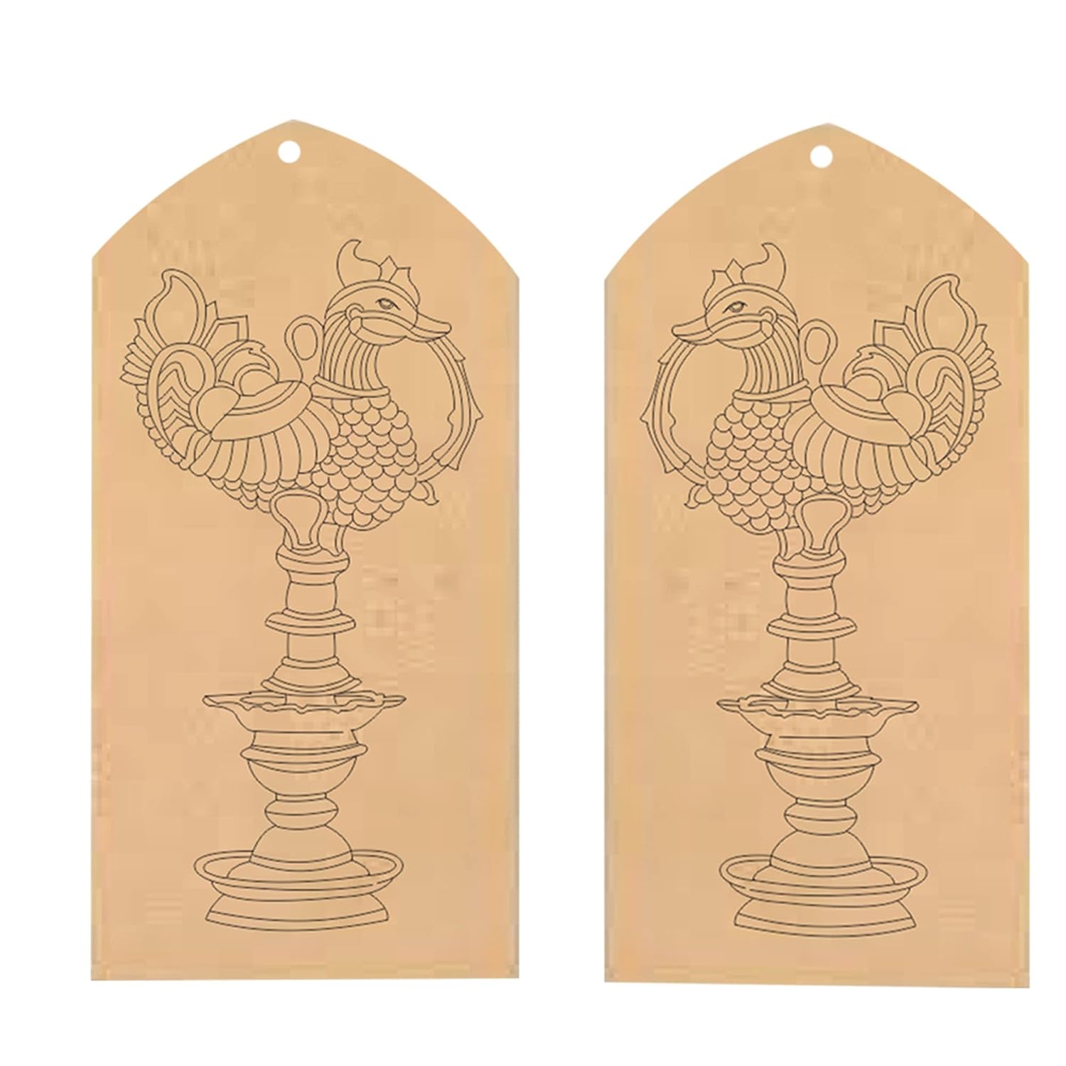 Two cardboard cutouts of a decorative rooster design on a beige background