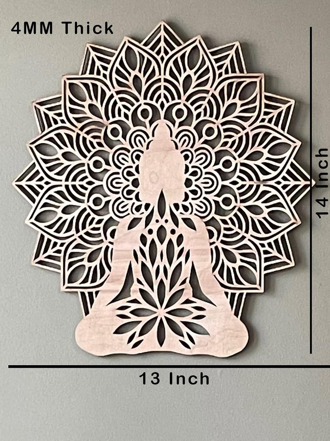Decorative wall art with Buddha silhouette and mandala design, shown with measurements on a gray background.