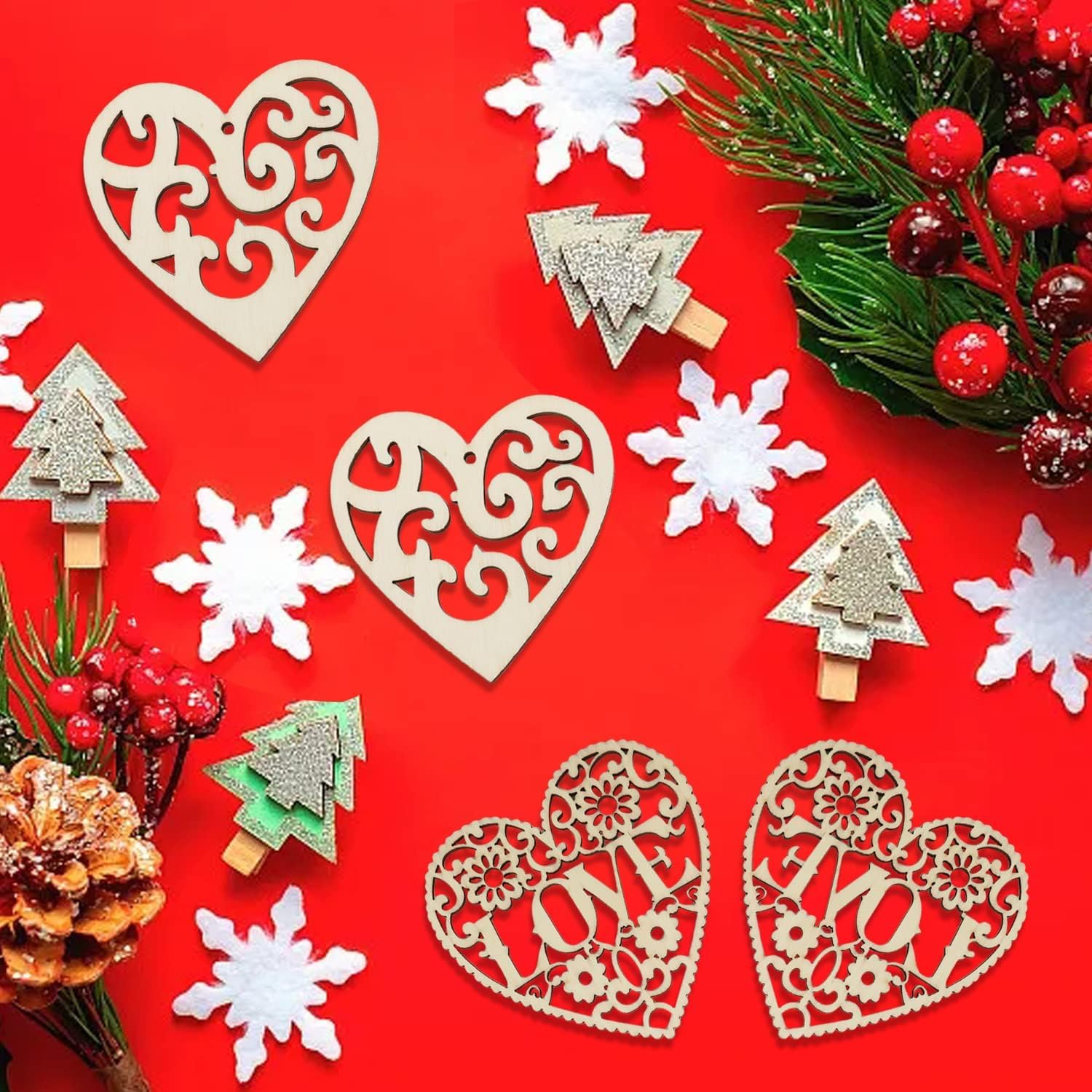 Wooden Christmas decorations including hearts, trees, and snowflakes on a red background.