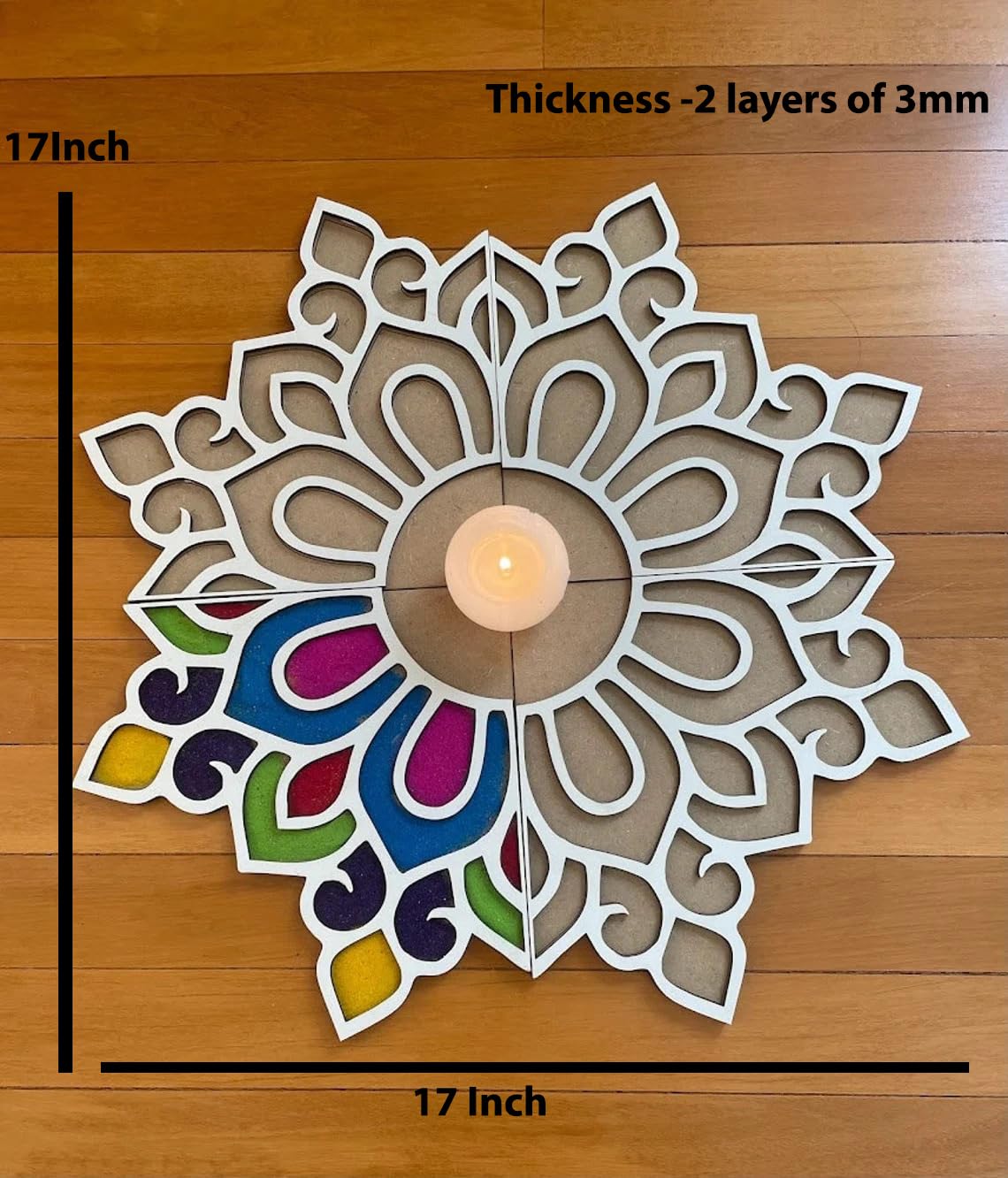 Decorative wall art with colorful design and candle, shown on a wooden surface with measurements.