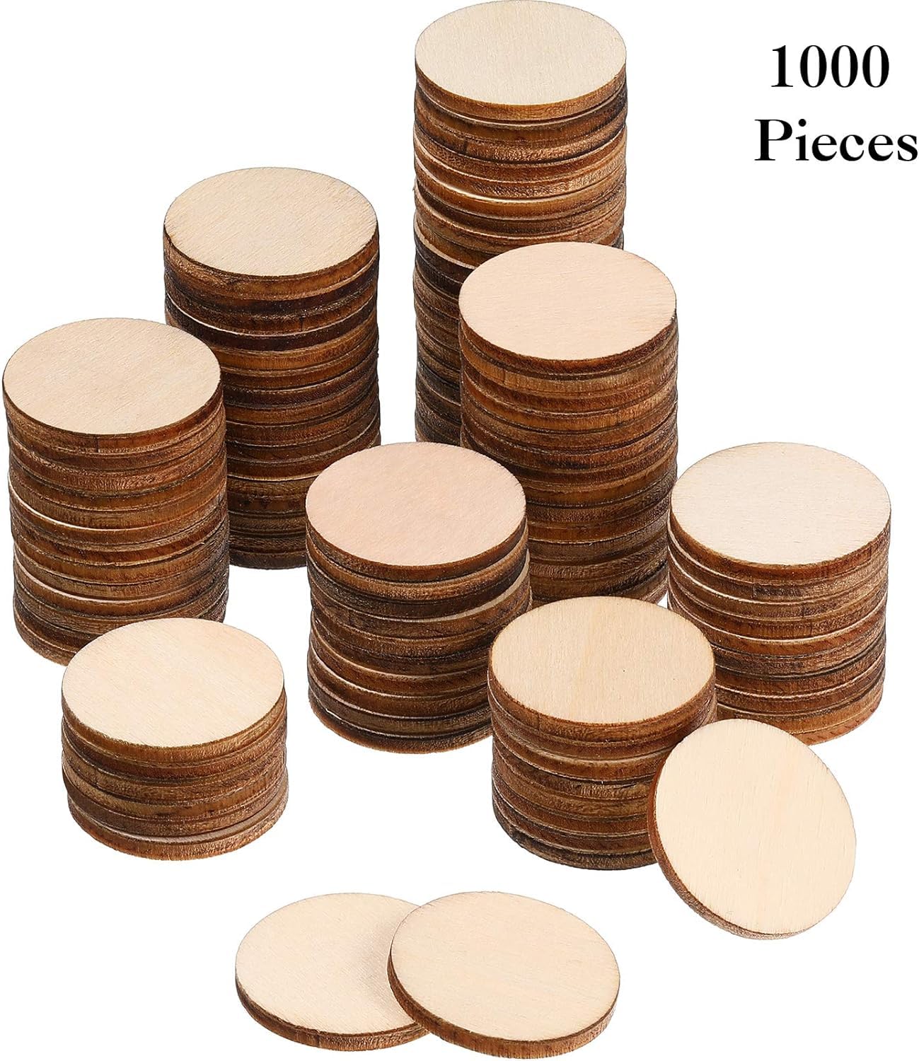 1000 wooden discs stacked on a white background