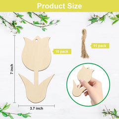 Wooden tulip-shaped ornament with measurements and packaging details on a white background.