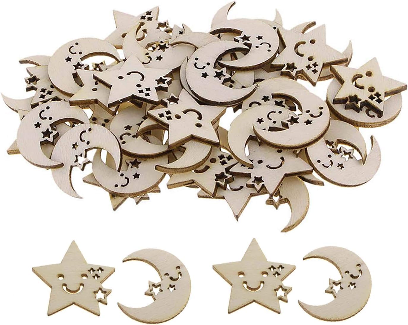 Collection of wooden moon and star shapes on a white background