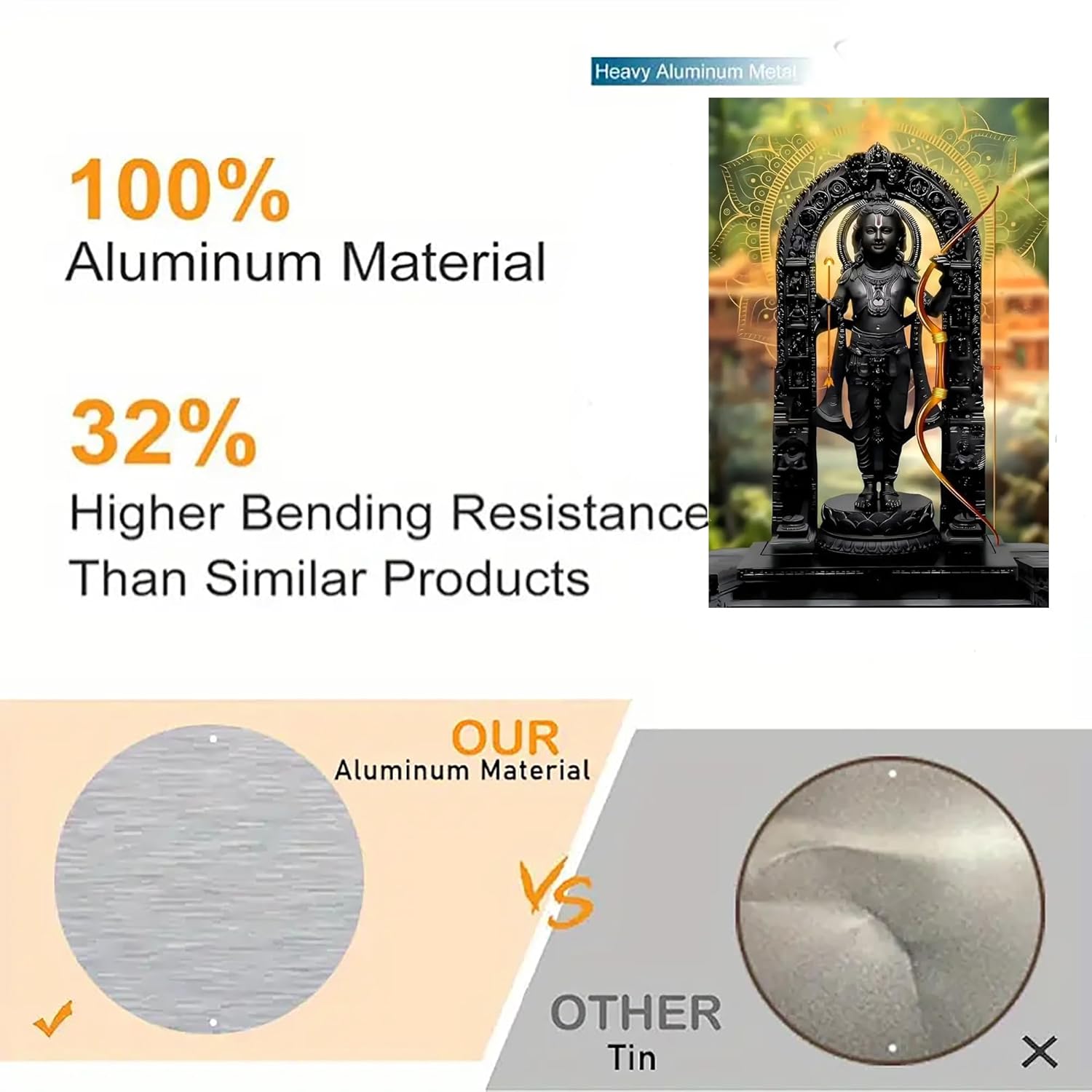 Advertisement highlighting aluminum material properties with a statue and metal samples.