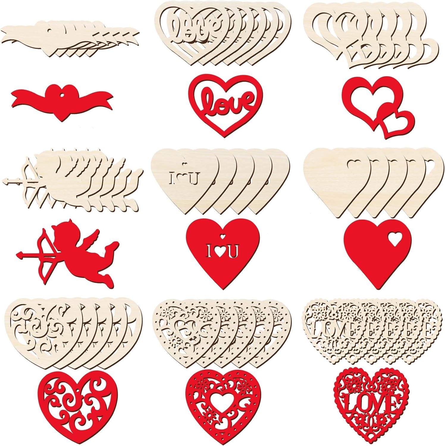 Collection of wooden heart-shaped cutouts with various designs and colors.
