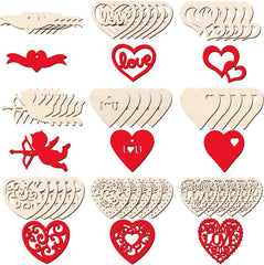Collection of wooden heart-shaped cutouts with various designs and colors.