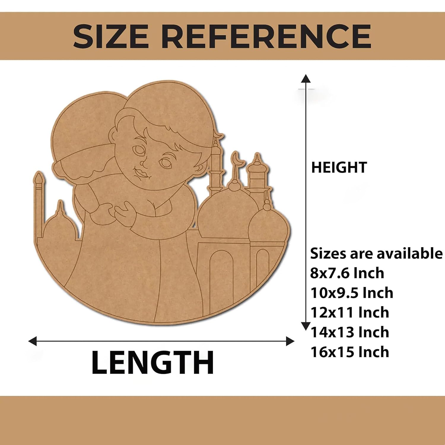 Size reference chart for a decorative cutout with dimensions indicated.