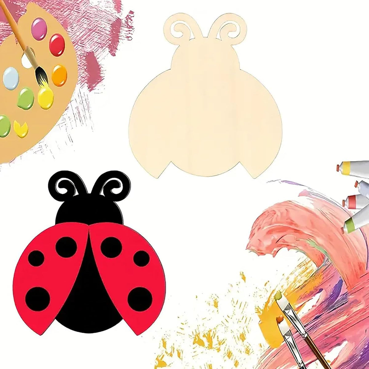 Collage of a ladybug, paint palette, and paintbrushes on a colorful abstract background.