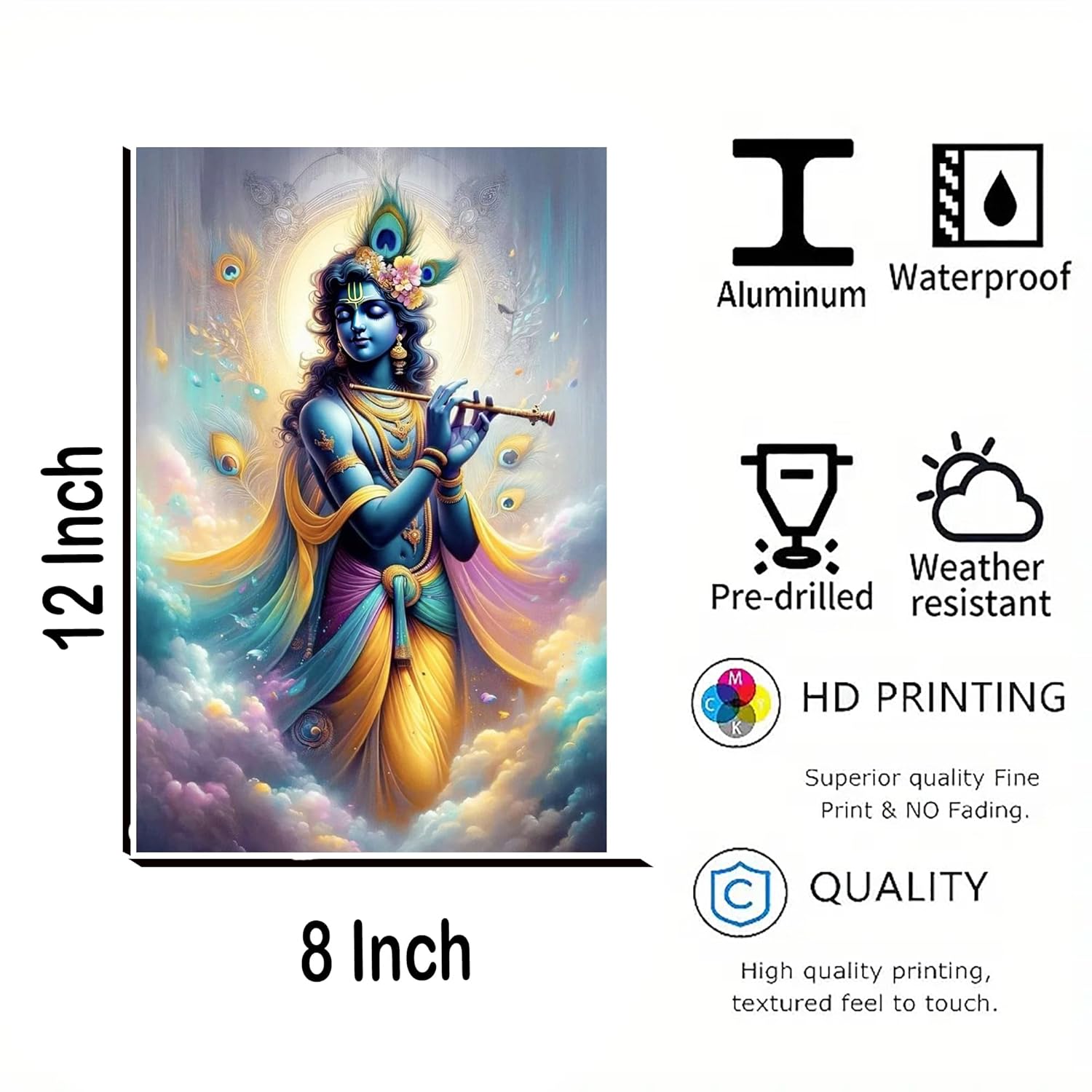 Decorative panel with a神像 design, size 8x12 inches, featuring waterproof, pre-drilled, weather-resistant, HD printing, and high-quality quality attributes.