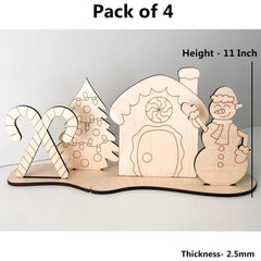 Pack of 4 wooden Christmas decorations including a candy cane, tree, house, and snowman on a white background.