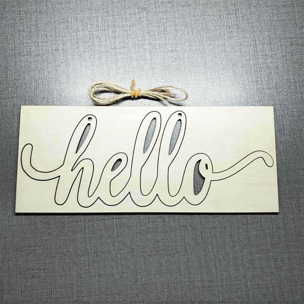 Wooden sign with 'hello' engraved on it, hanging on a gray textured background
