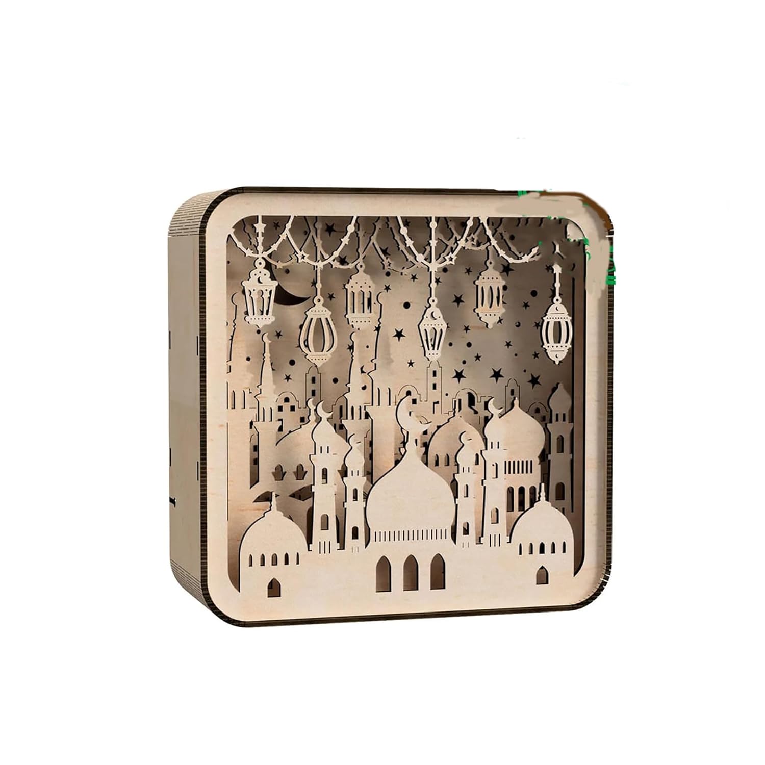 Decorative wooden box with cut-out designs of buildings and lanterns on a white background