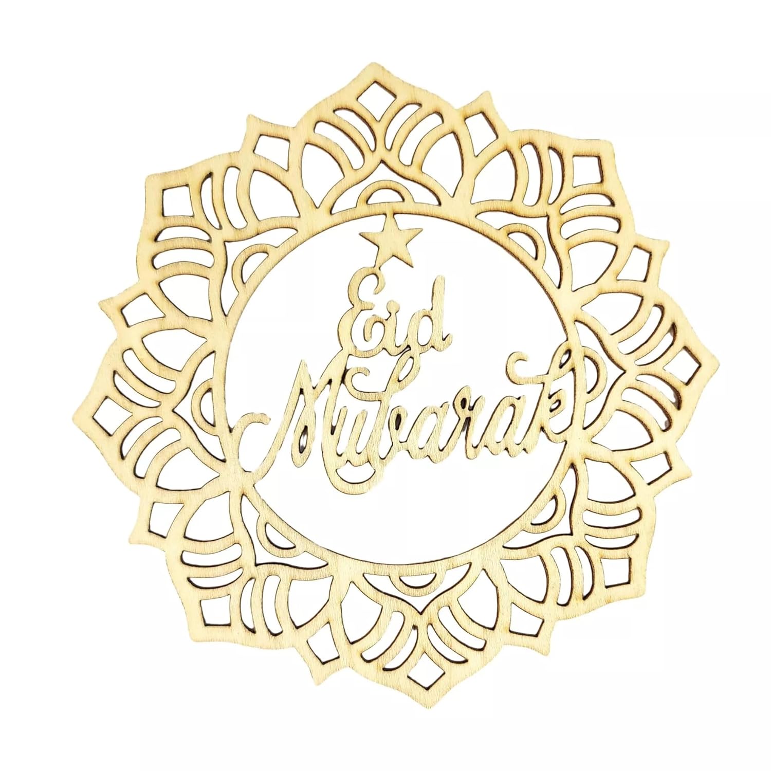 Decorative gold 'Eid Mubarak' sign with intricate patterns on a white background