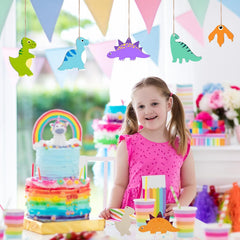 Child in a colorful room with birthday cake, decorations, and balloons