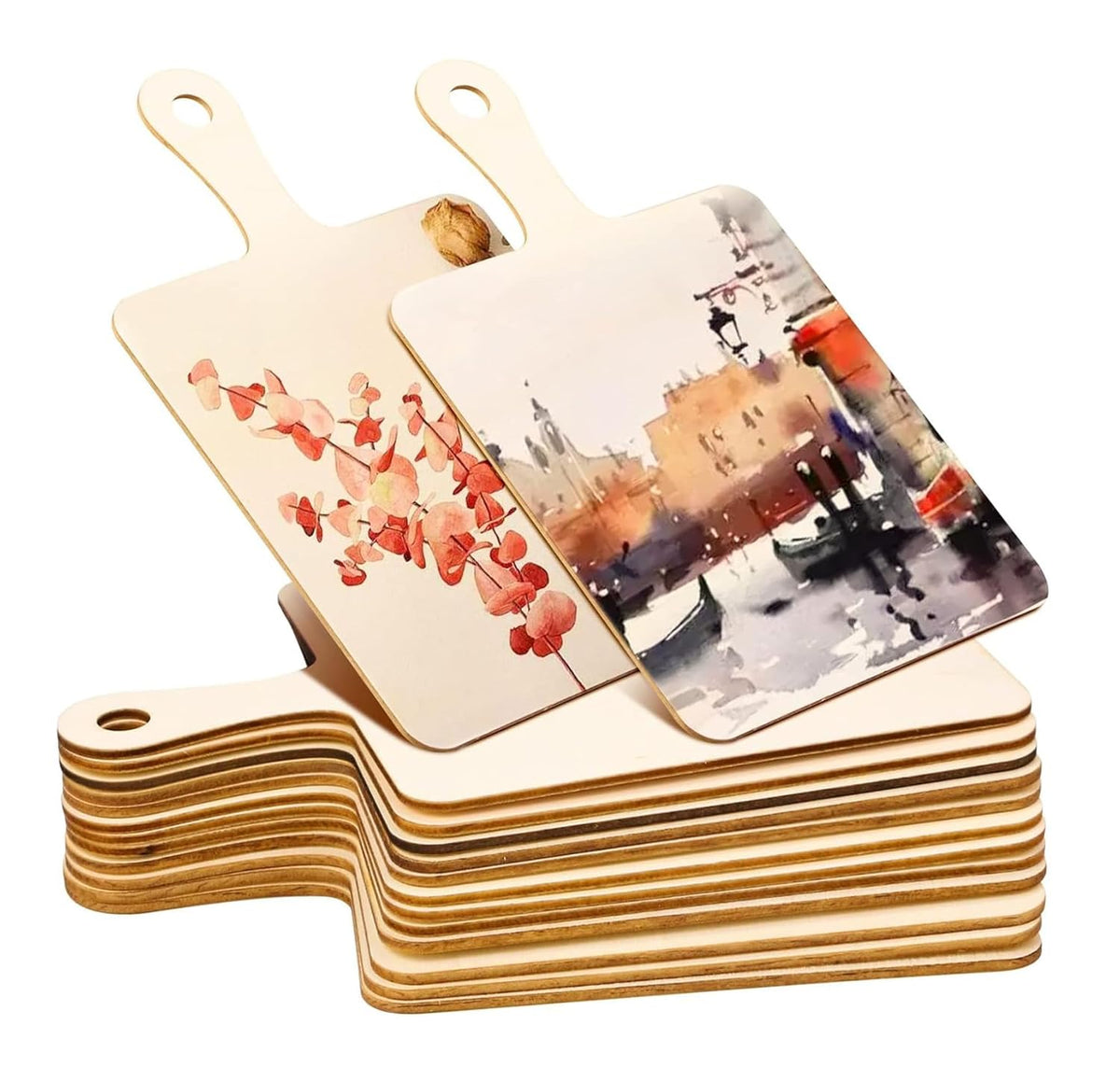 Stack of small wooden boards with printed images on a white background
