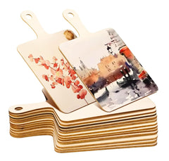 Stack of small wooden boards with printed images on a white background