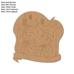 Cardboard cutout of two children praying with Islamic symbols on a white background
