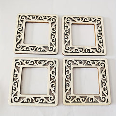 Four decorative square frames with intricate patterns on a light gray background