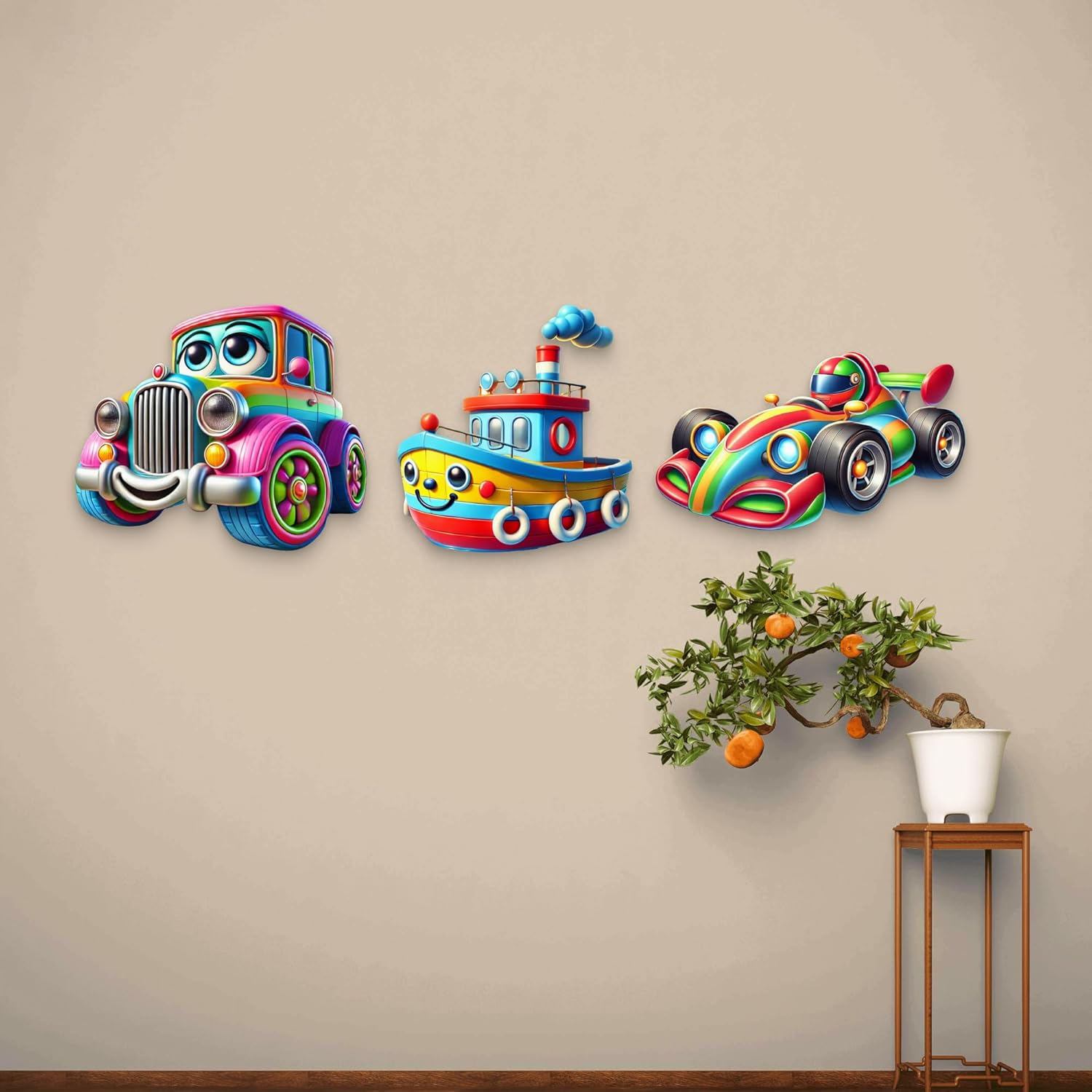 Colorful wall decorations of a car, boat, and race car on a beige wall with a plant and small table.
