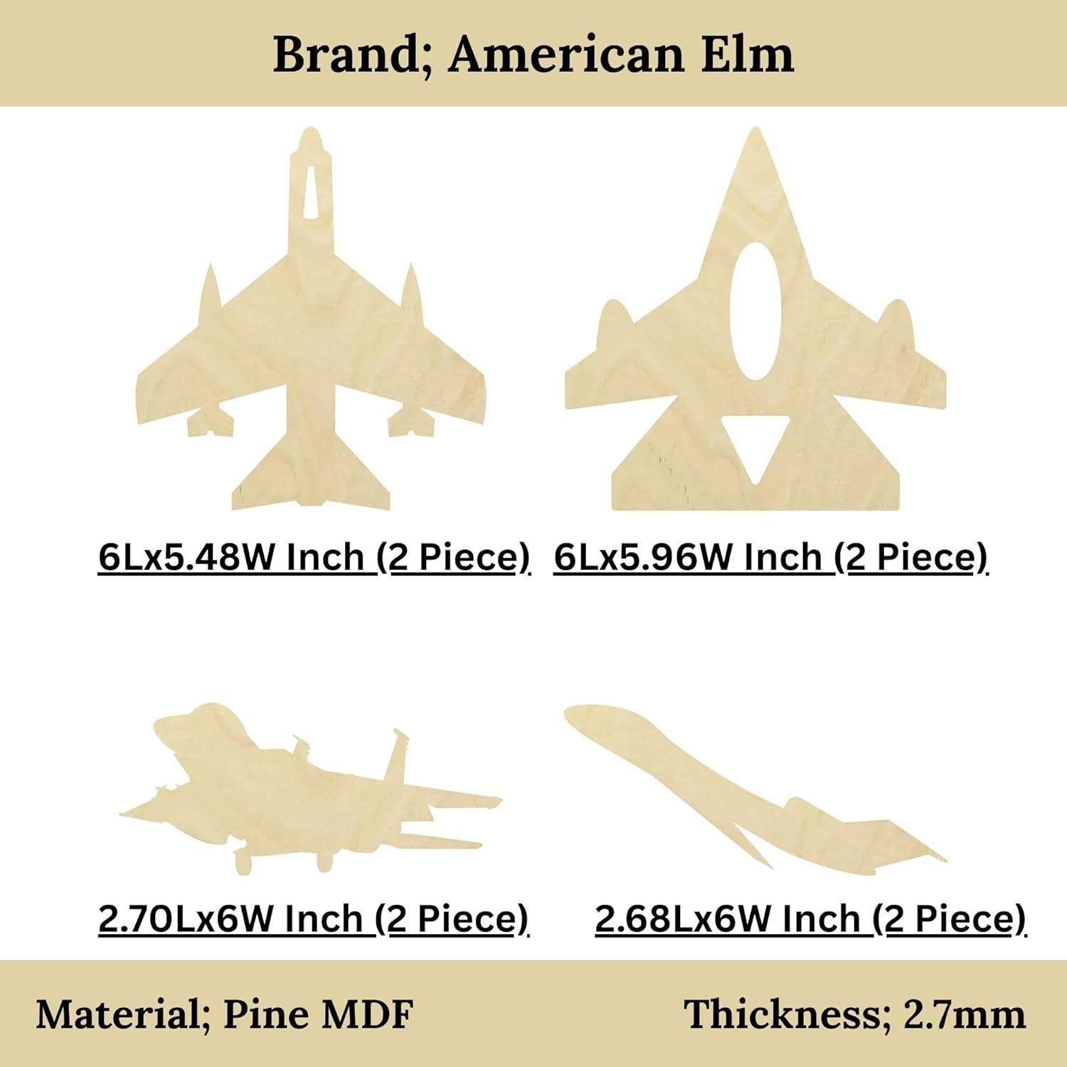 Wooden airplane cutouts with dimensions and material details on a beige background