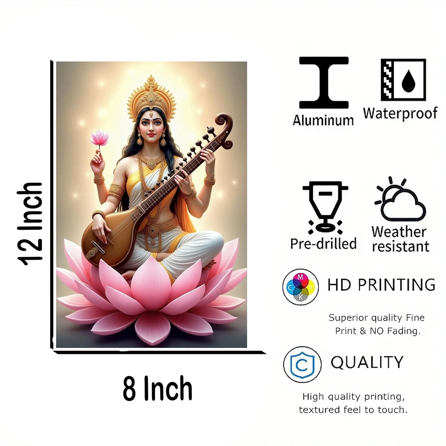 Canvas print of a woman playing a stringed instrument on a pink lotus with product features listed.
