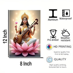 Canvas print of a woman playing a stringed instrument on a pink lotus with product features listed.