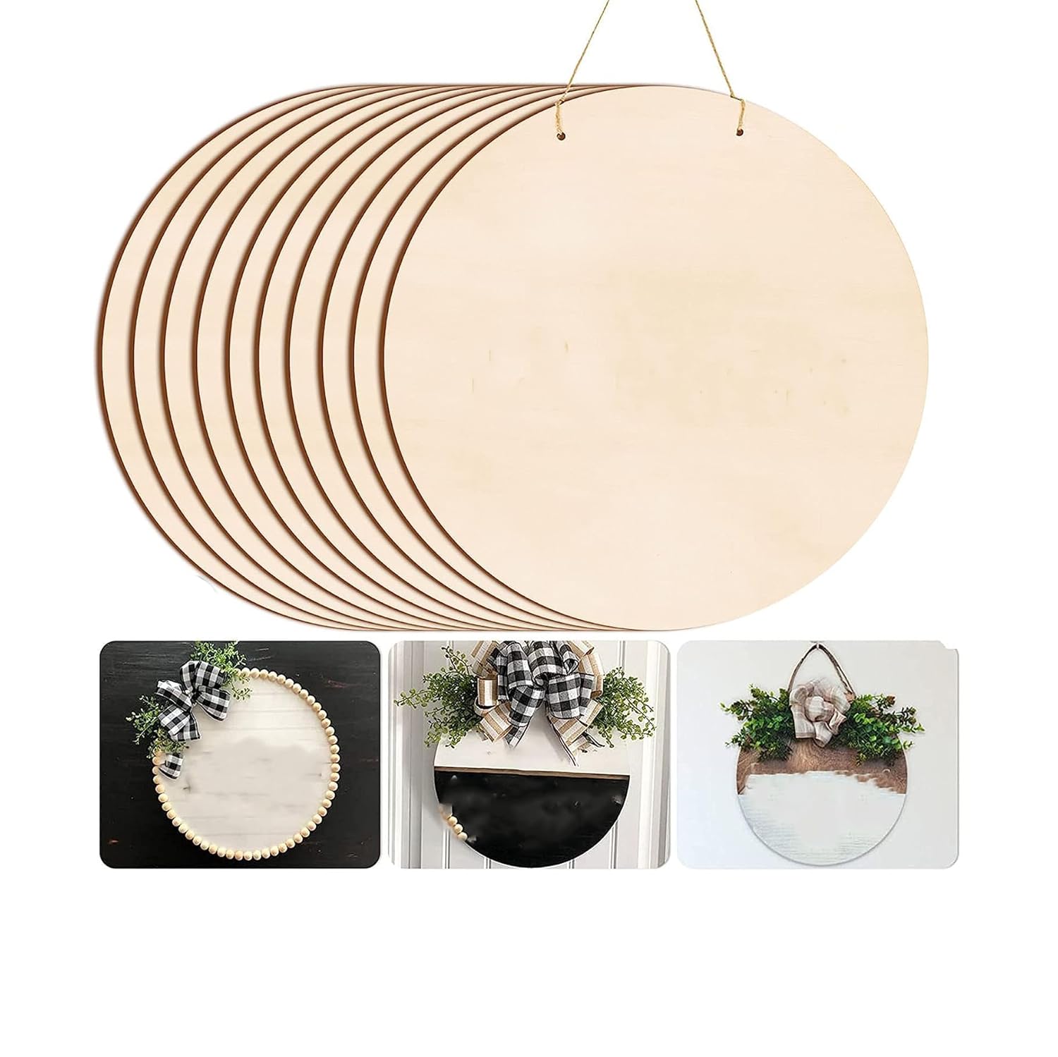 Set of round wooden boards with decorative items on a white background