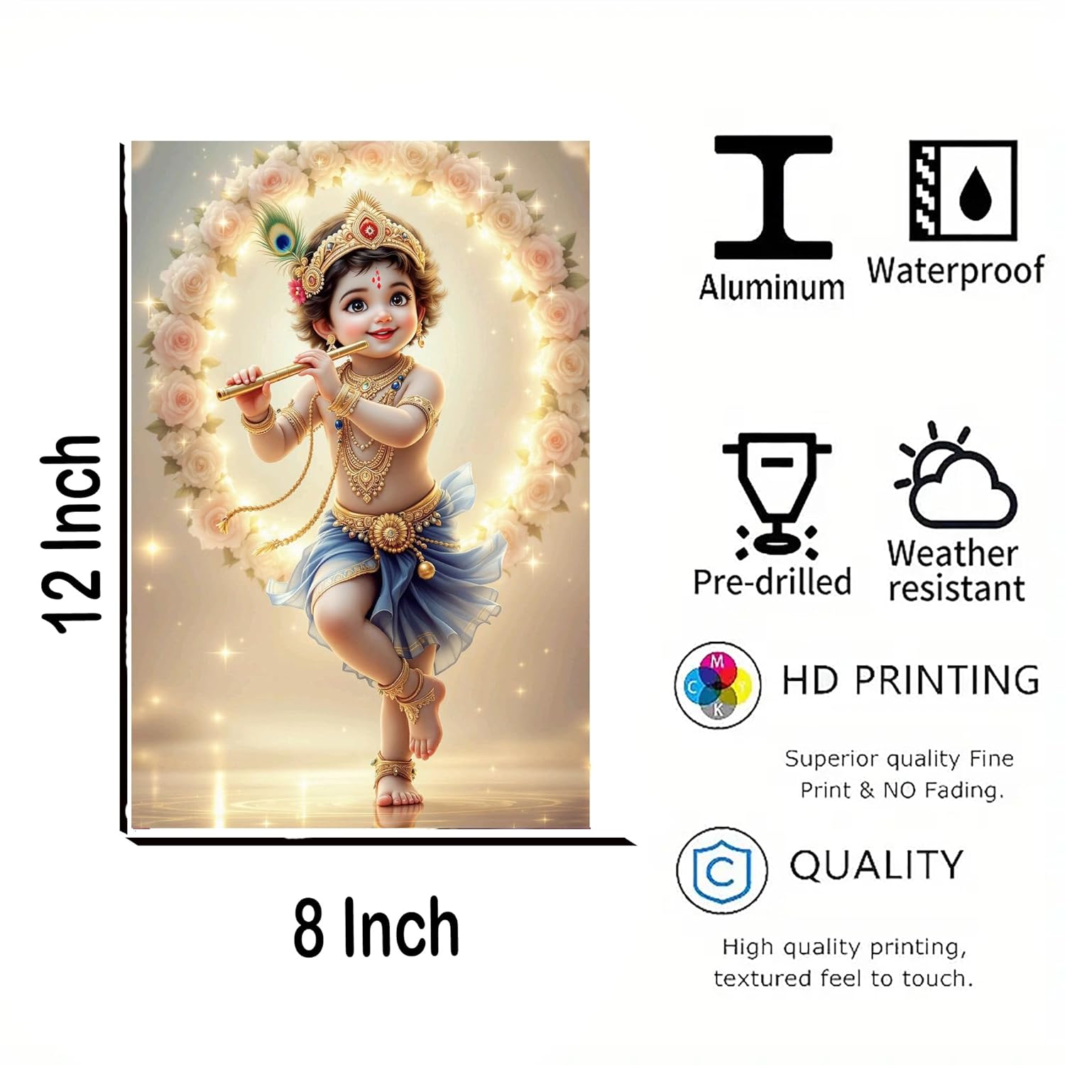 Decorative panel with a child playing flute design, featuring waterproof, pre-drilled, weather-resistant, HD printing, and high-quality quality attributes.