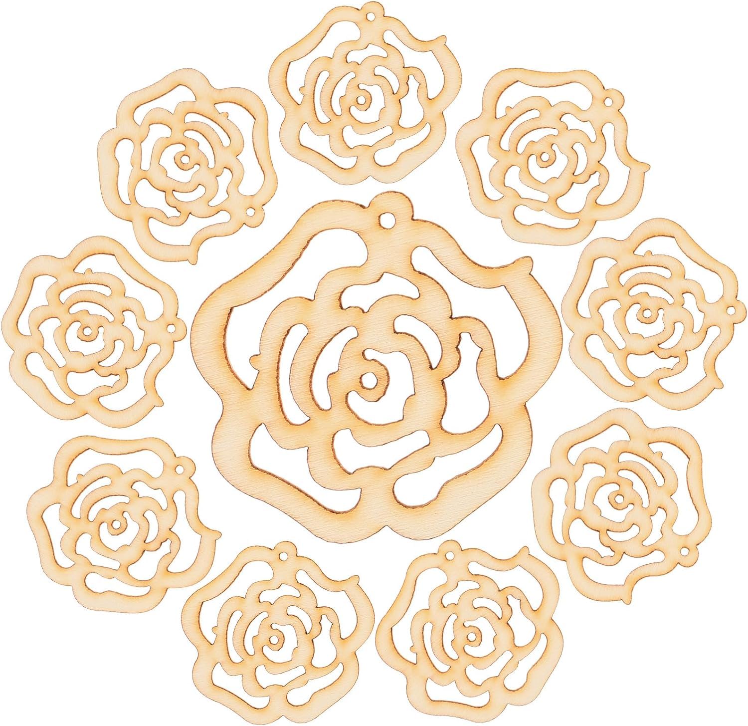 Wooden rose shapes on a white background