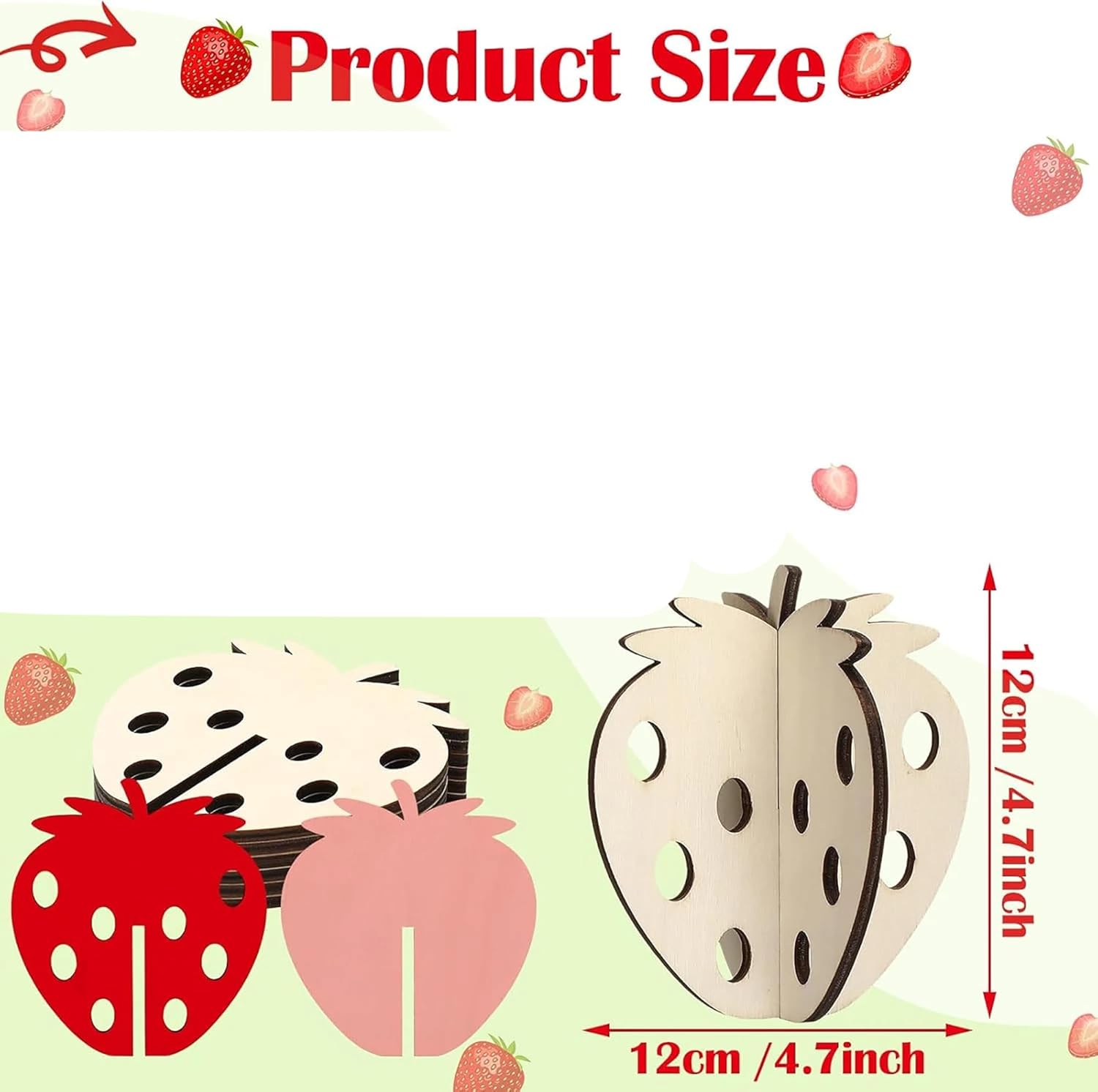 Illustration of strawberry-shaped products with measurements on a light green background