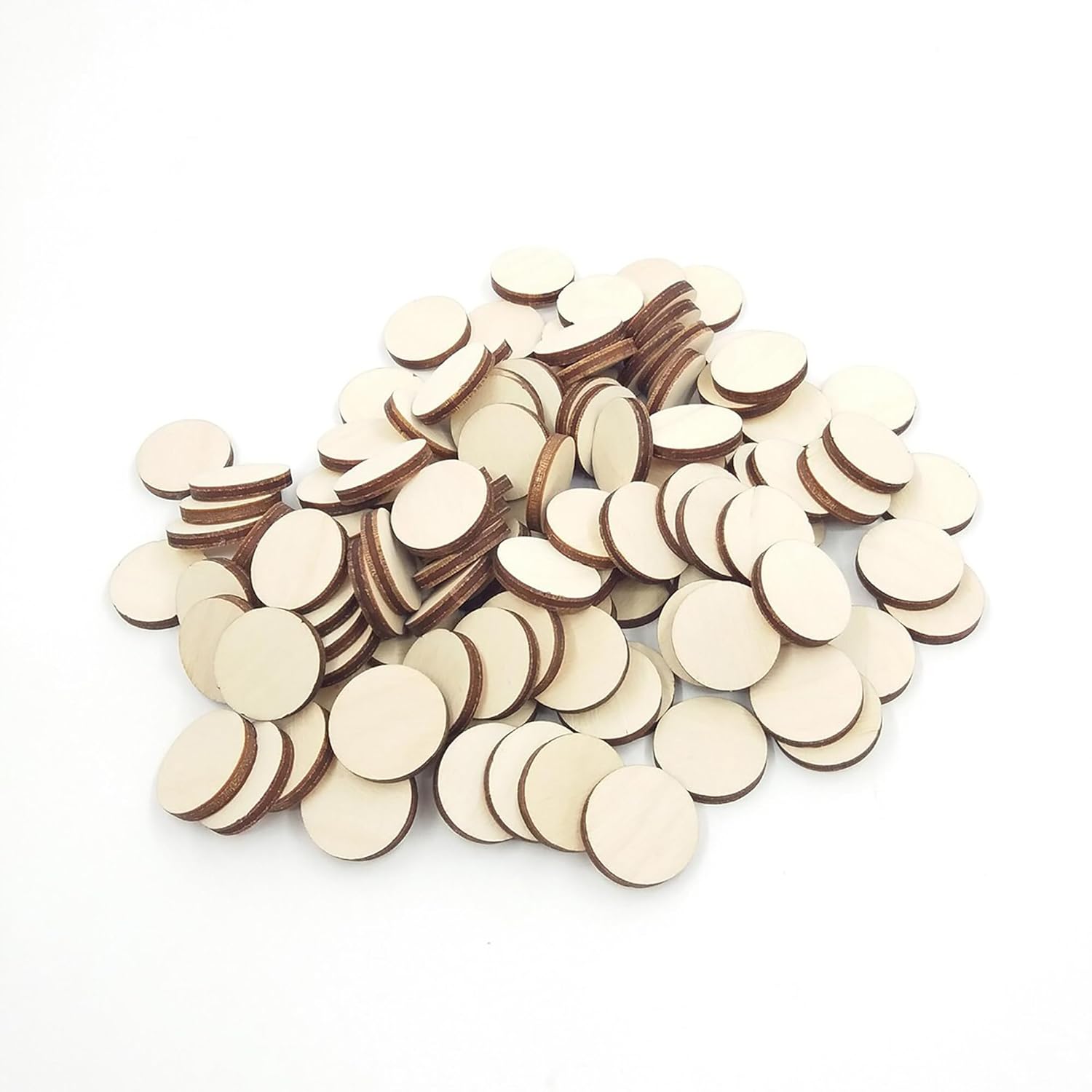 Stack of wooden discs on a white background