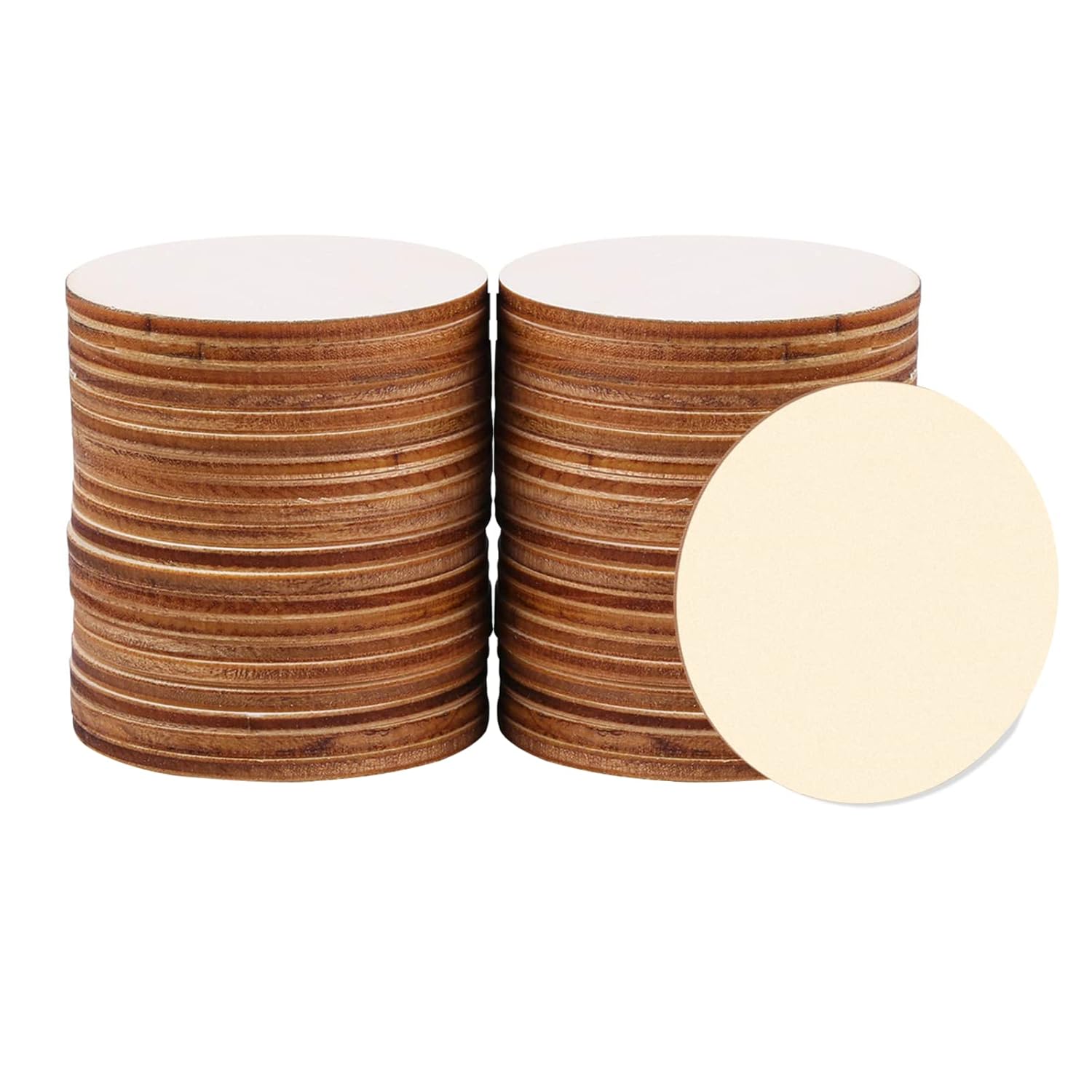 Stacks of round wooden coasters with a close-up of a coaster on a white background.