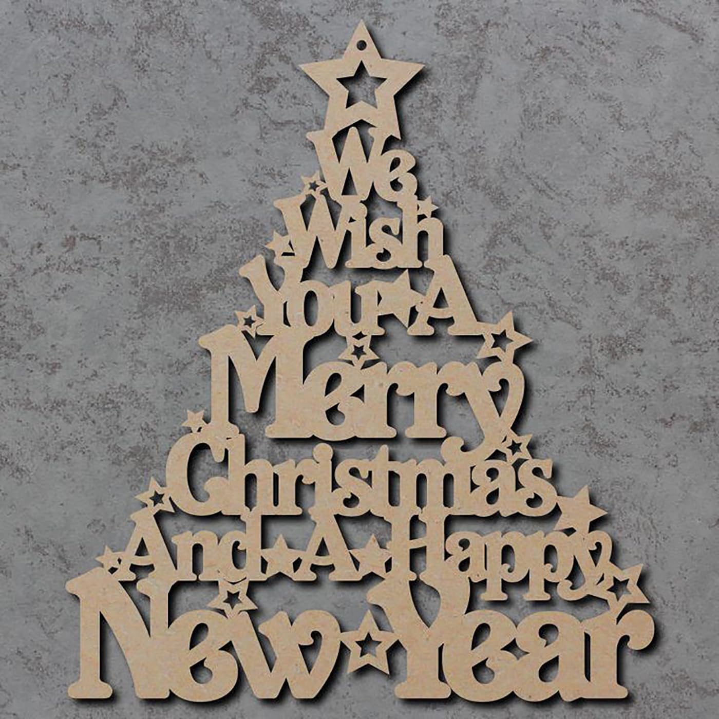 Wooden Christmas tree decoration with festive message on a gray background