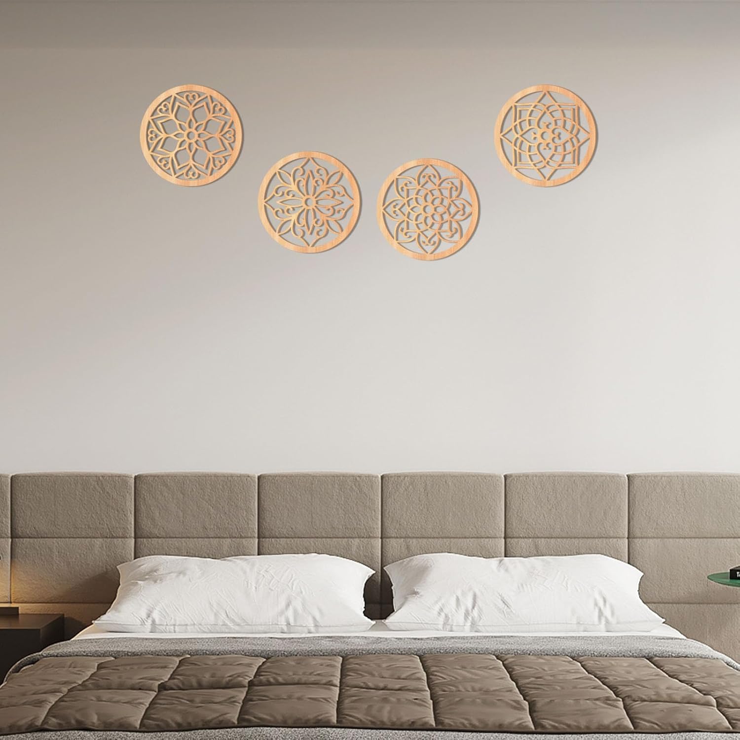 Bedroom with decorative wall art above a bed