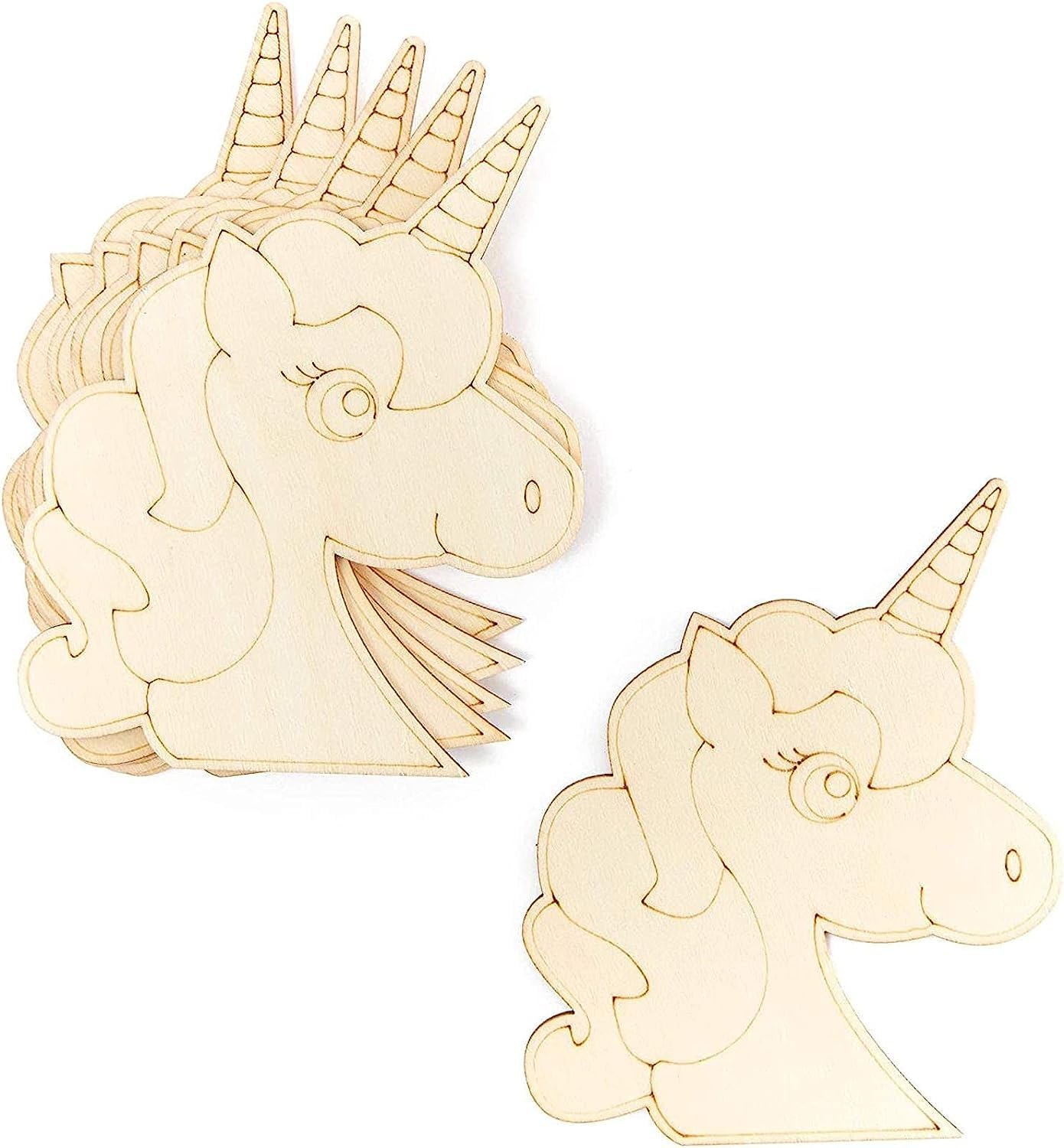 Two wooden unicorn head puzzles on a white background