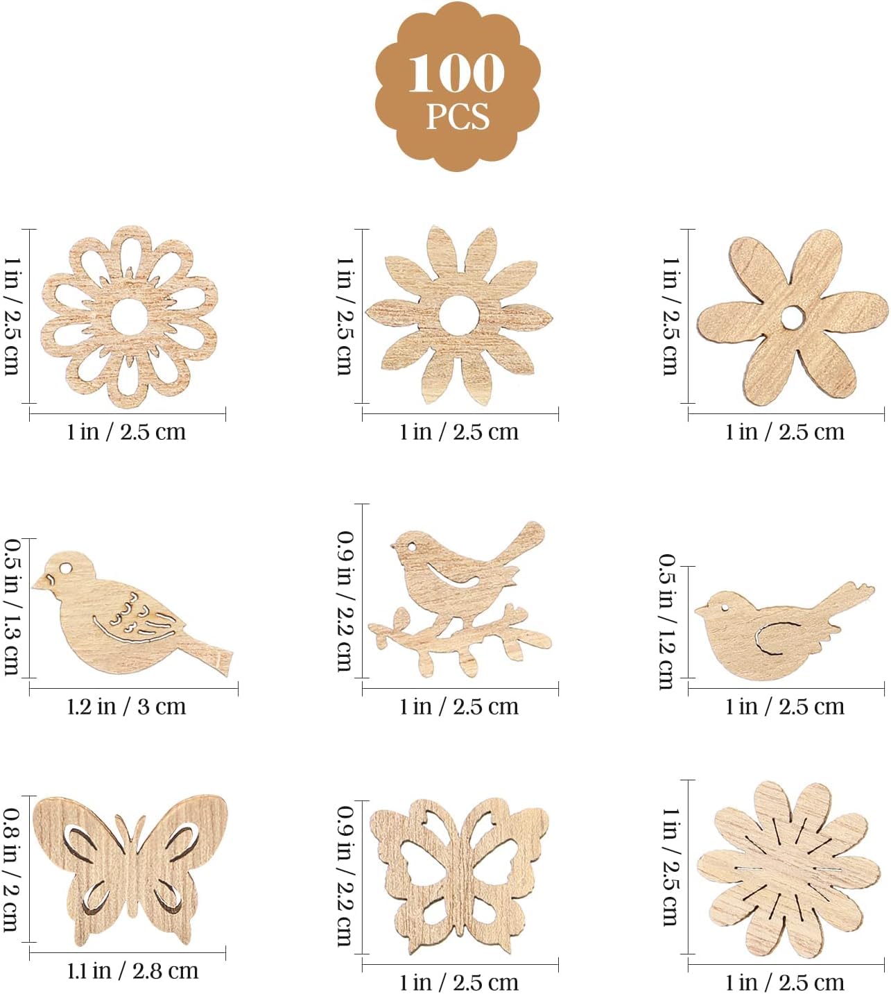 Set of wooden cutouts including flowers, birds, and butterflies with measurements on a white background.