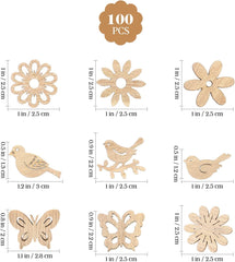 Set of wooden cutouts including flowers, birds, and butterflies with measurements on a white background.