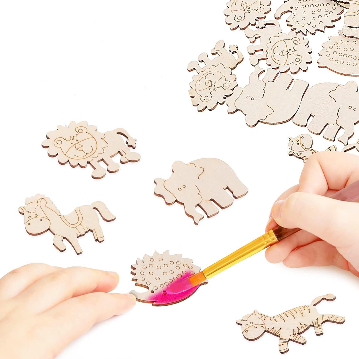 Wooden animal puzzle pieces with a hand using a tool to assemble them on a white background