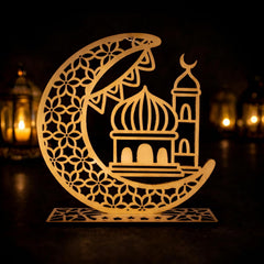 American Elm Ramadan Mubarak Wooden Moon Star Eid Decoration Table Top Islamic Home Decor 3D Hollow Moon Design Single Piece
