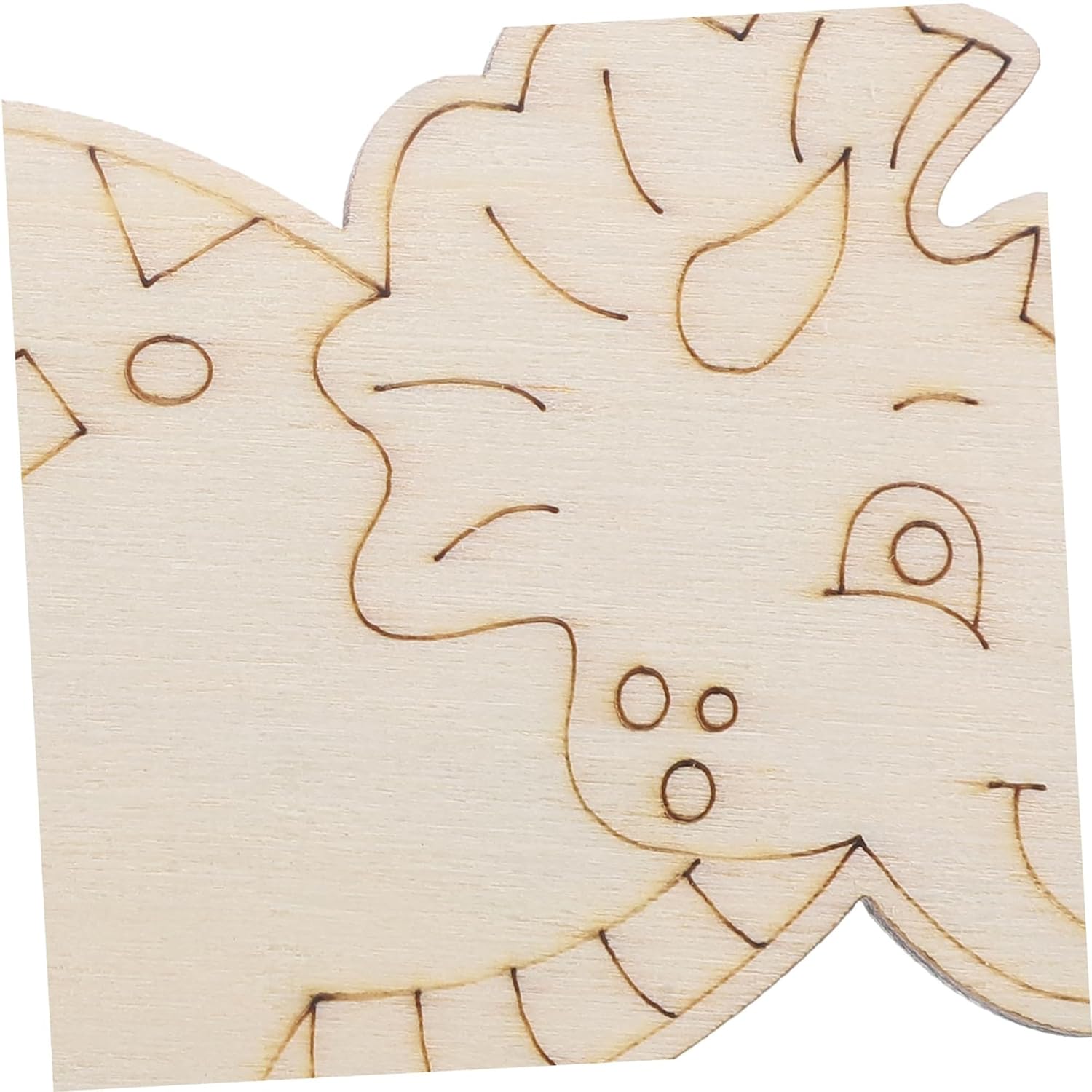 Wooden cutout of a cartoon character with a neutral expression on a white background