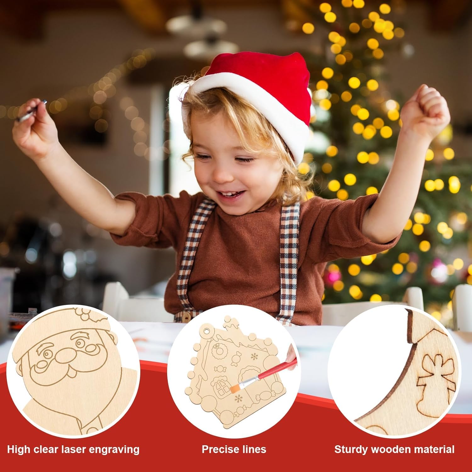 Child wearing a Santa hat with Christmas decorations in the background, featuring wooden crafts and text about material quality.