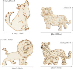 Wooden animal figures with measurements in centimeters and inches