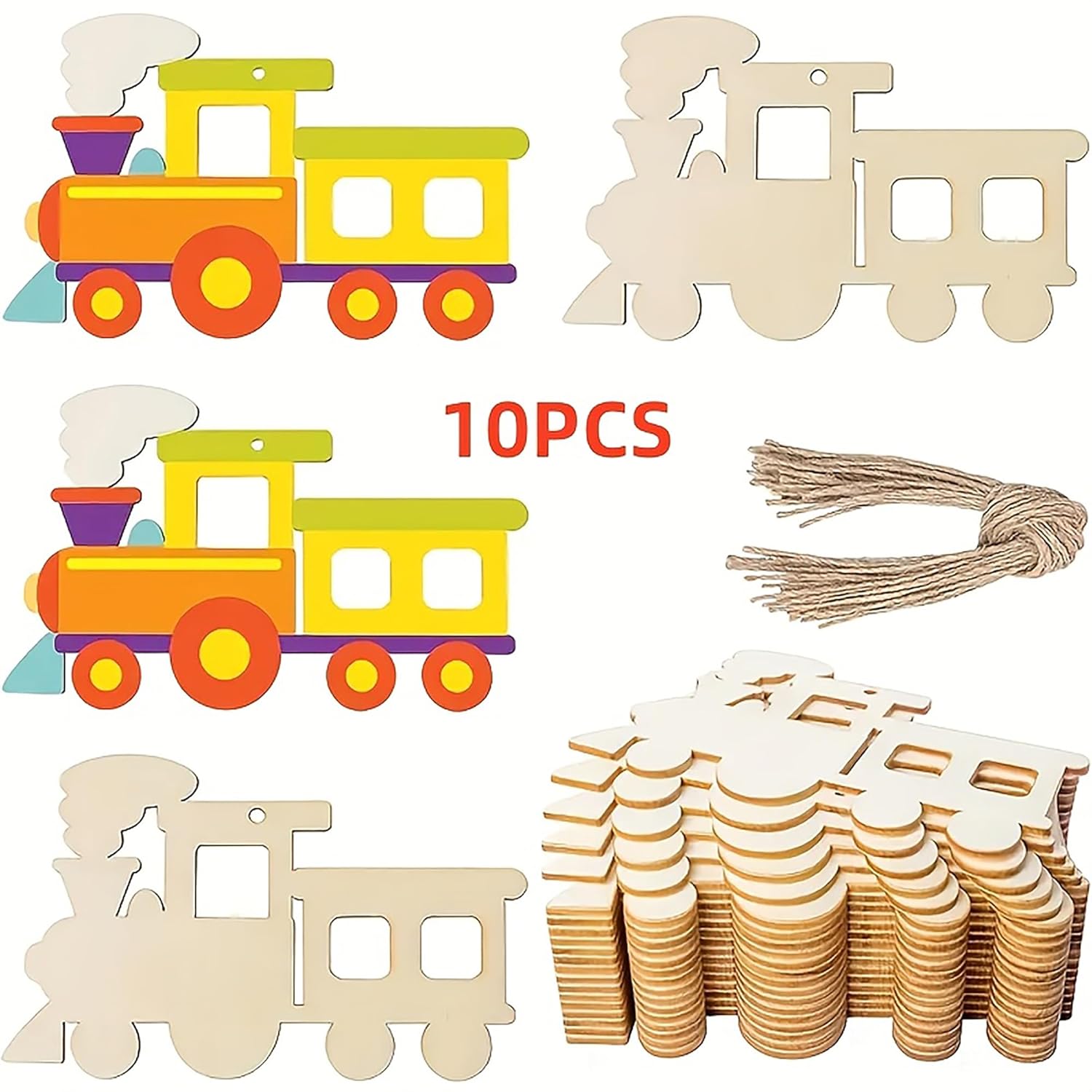 Colorful wooden train shapes with a stack of round wooden pieces and twine.