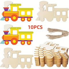 Colorful wooden train shapes with a stack of round wooden pieces and twine.
