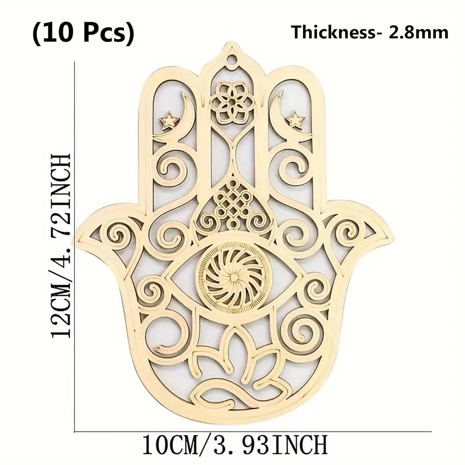 Decorative Hamsa hand pendant with measurements on a white background